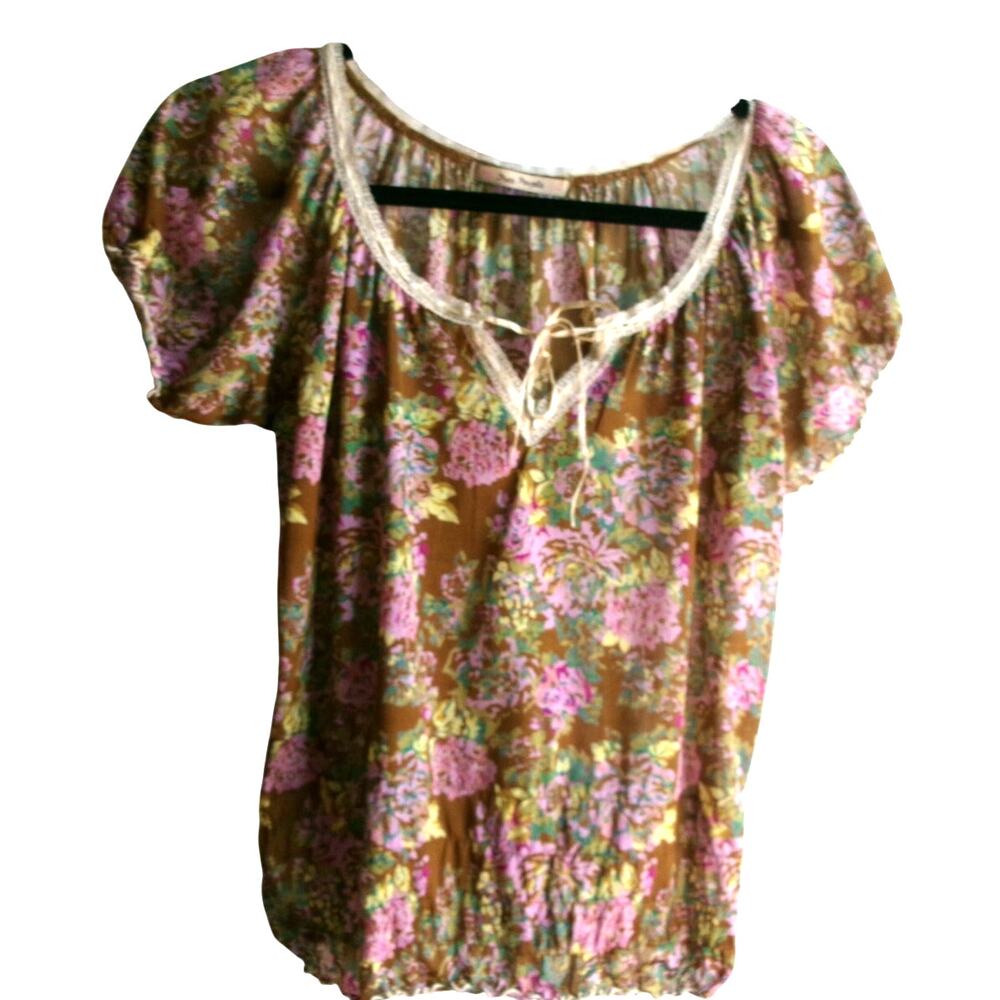 Vintage Free People Floral Peasant Blouse Boho Lace Trim Top Medium